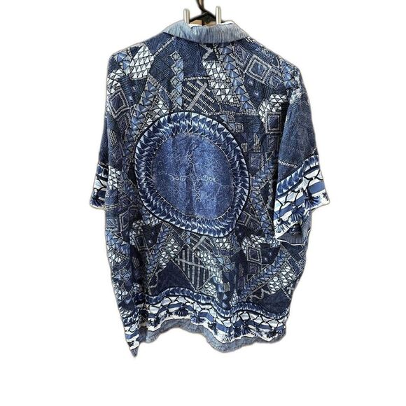 Saks Fifth Avenue Men Short Sleeve Button Shirt  2X Blue Tassel Print Silk - Picture 7 of 14